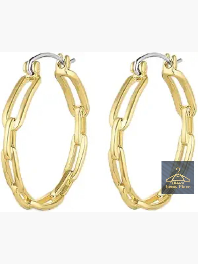 18k Gold Chain-Link Hoop Earrings - Hinge Closure - Modern Elegance - Statement
